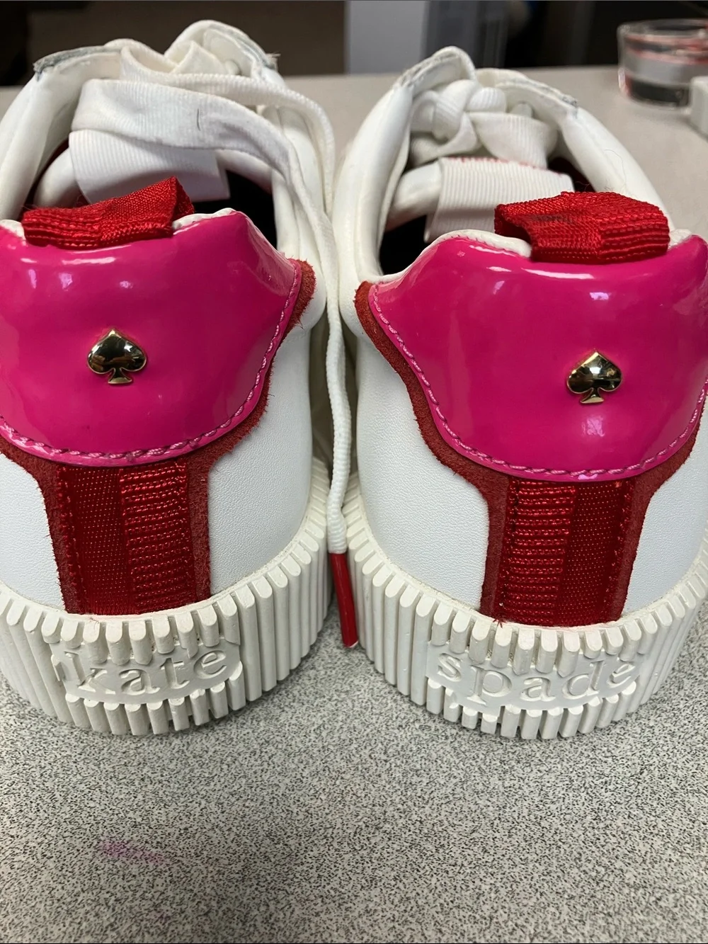 kate spade White Leather Sneakers with Red Side Stripe and Pink Heel Tab